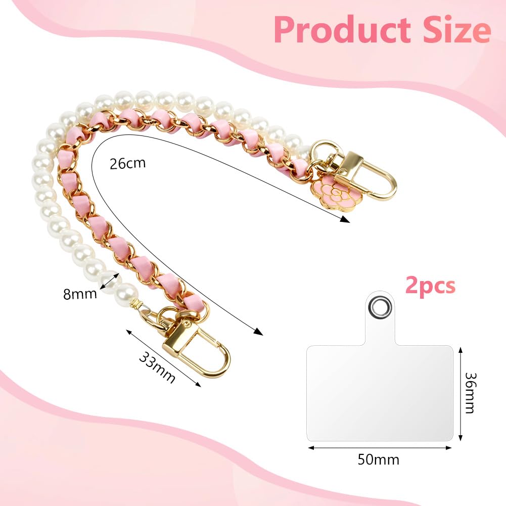 OFFCUP Dragonne de Téléphone, Perle Chaîne Téléphone Portable Charme, Anti-Perte Longe en Cuir Métallique avec Fleur, Bracelet Telephone 2 Patchs Arrière