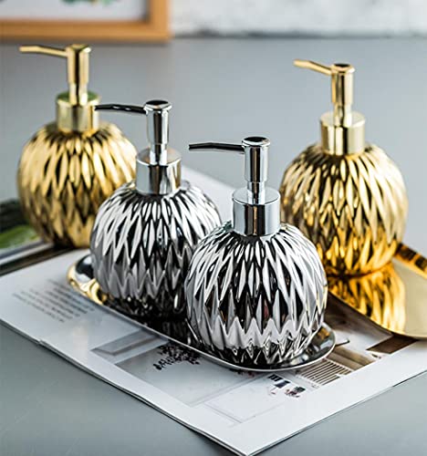 Magnitt 13.5 Oz Ceramics Creative Countertop Soap Dispensers With Pump, Refillable Hand Soap Dispenser, Premium Lotion Soap Dispenser For Bathroom, Kitchen, Bedroom, Vanity (Silver,2Pc Set With Tray) #TOP4