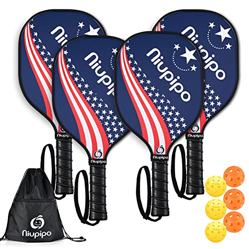 Niupipo Pickleball Paddles, Pickleball Paddles Set with American Flag Pattern, Wooden Pickleball Paddles with Safe Edge Guard, 6 Pickleball Balls, 1 Carry Bag, Pickleball Paddles 4 Pack for Beginner