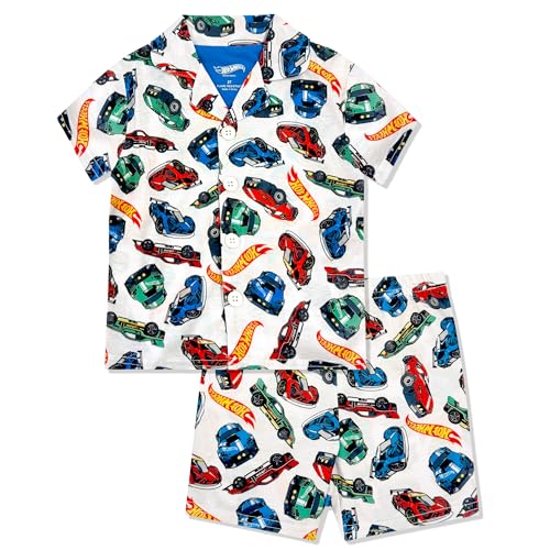 Hot Wheels Boys Pajama Set - 2 Piece Boys Flannel Coat Style Short Matching PJs Kids Button Down Pajamas - Official Product White
