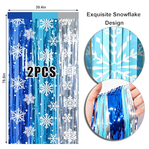 Image of 2 Packs Snowflake Foil Fringe Curtain, Blue Silver Ice Glitter Metallic Tinsel Backdrop for Princess Birthday Baby Shower Santa Claus Christmas Winter Wonderland Party Decoration Supplies