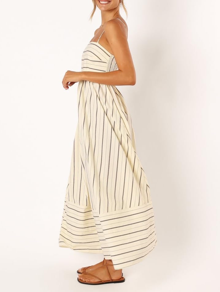 Image of KMBANGI Women Striped Sleeveless Maxi Dress Swing Patchwork Midi Dress Smocked Spaghetti Strap Colorful Long Sundress