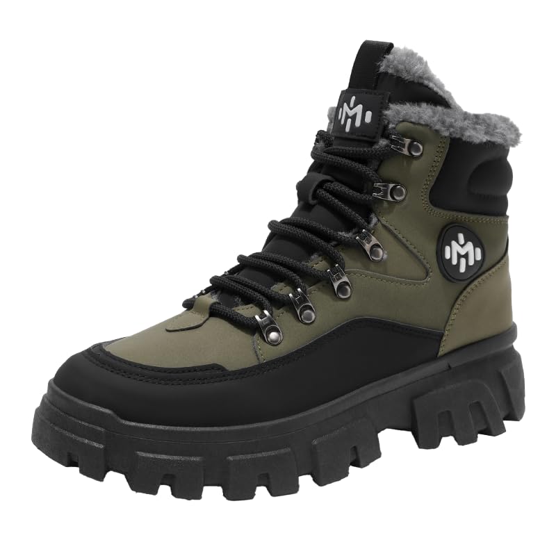 Winter Ankle Boots for Men Women Waterproof Warm Faux Fur Lined Hiking Booties Anti-Slip Lug Sole