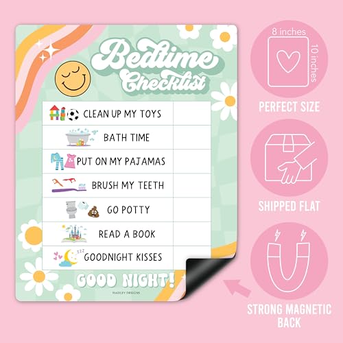 Image of Magnetic Morning & Bedtime Routine Chart for Kids - Customizable Toddler Daily Schedule Board with Dry Erase Surface, Stickers & Marker, Build Habits with Visual Checklists, Retro Theme