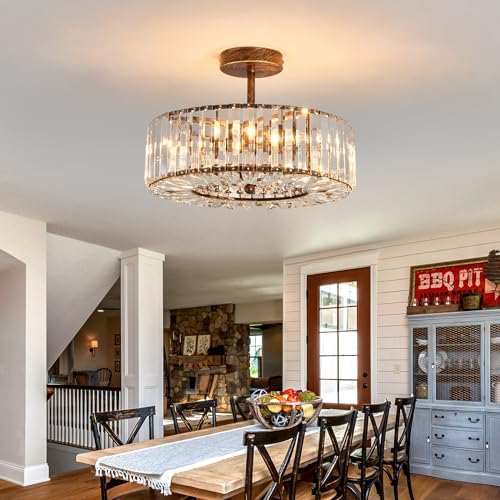 Image of Piepooye 4 Lights Modern Crystal Chandelier Oil Rubbed Bronze Round Semi Flush Mount Ceiling Light Fixture Farmhouse Chandelier for Dinning Room Living Room Bedroom Hallway Entryway Kitchen