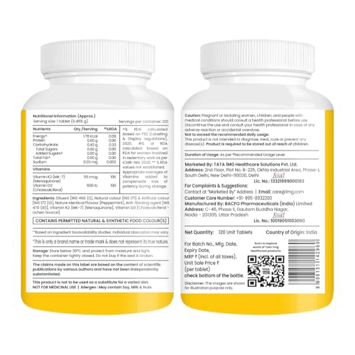 Image of TATA 1mg Vitamin D3 + K2 (MK-7) | Supports Stronger Bones, Immunity & Calcium Absorption | 600 IU Vitamin D3 + 55 mcg K2 | Lichen Sourced, 100% Veg (120 Tablets)