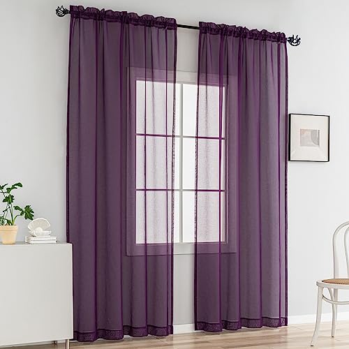 Image of Purple Sheer Curtains 95 inch Length 2 panels, Rod Pocket Semi Sheer Privacy Curtains, Window Treatments Soft Voile Drapes for Windows Living Room Bedroom French Doors Doorway Divider, 52 inchWx 95 inchL