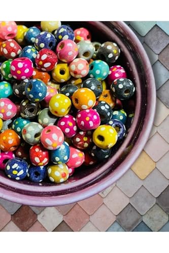 10 Mm Karışık Renkli Çiçek Puantiye Desenli Ahşap, Tahta Boncuk (25 g, ~75 Adet) Bnck-605