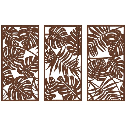 Arte en relieve de hojas tropicales en madera tallada acabado nogal de lujo panel de 3 piezas