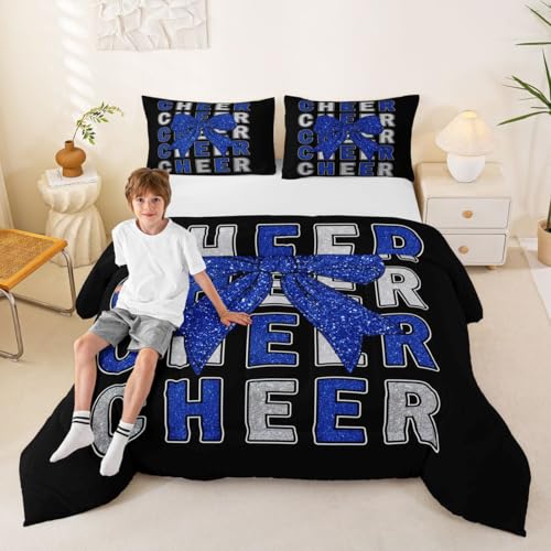 Image of Feelyou Bowknot Cheer Bedding Set Soft for Boys Girls, Blue Cheerleading Comforter Set Twin Size Glitter Cheerleader Duvet Quilt Microfiber Cheer Bow Bedroom Decor 2 Pcs with 1 Pillow Cases