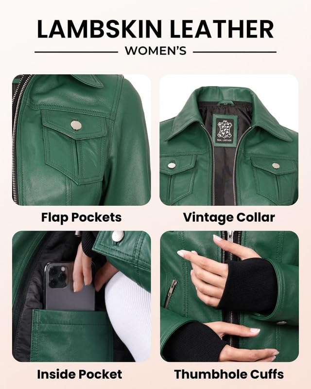 Image of Womens Leather Jacket with Detachable Hood - Real Lambskin Bomber Jacket Thumbholes Women