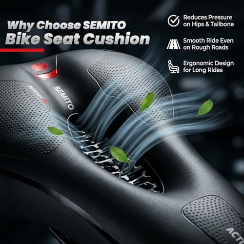 Image of SEMITO Cycle Seat Cushion for Men & Women | Wide Soft Bicycle Saddle with Dual Shock Absorber, Waterproof PU Leather & Reflective Backlight | Universal Fit for MTB, Road, Hybrid & Exercise Cycle