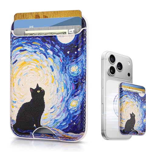Image of Magnetic Mag-safe Wallet Cell Phone Card Holder for Phone Case with Mag-Safe, Stronger Magnetic RFID Leather Stick on Phone Wallet Compatible with iPhone 17 /16 /15 /14 /13 /12 Series, Midnight Cat Color