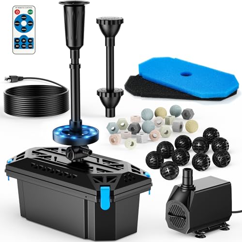Image of POPOSOAP Pond Filter with Fountain Kits, 660GPH Pond Pump Filter Built-in RGB LED Lights with Remote Controller, Pond Filters for Outdoor Ponds Clean, Clear and Water Features P2326D