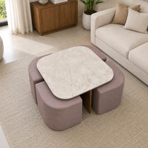 Image of The Attic Norwood Coffee Table, Coffee Table for Living Room, Coffee Table with 4 stools Solid Wood Centre Table with Ceramic Top, Tobacco Brown Finish