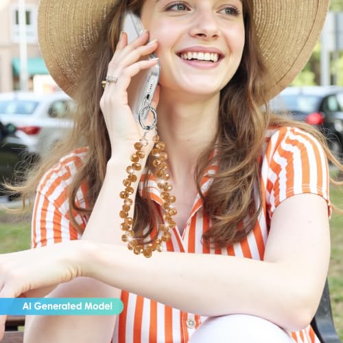 Image of TENOC Beaded Phone Wrist Strap, Caramel Brown | Cellphone Lanyard Chain, Sparkling Wristlet Bracelet, Comes with Metal Phone Tether Tab, For Women