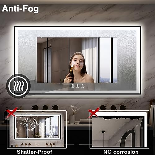 55x30 LED Bathroom Mirrors for Wall -Black Aluminum Framed (Front and Backlit), Anti-Fog Vanity Mirror With Lights,Stepless Dimmable Lighted Mirror,3 Colors Smart Mirror(Horizontal/Vertical)