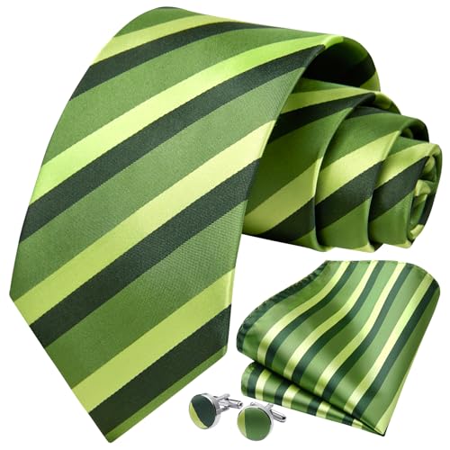 Image of HISDERN Mens Ties Set Stripe Plaid Ties for Men and Pocket Square Cufflinks Formal Silk Necktie Wedding Business
