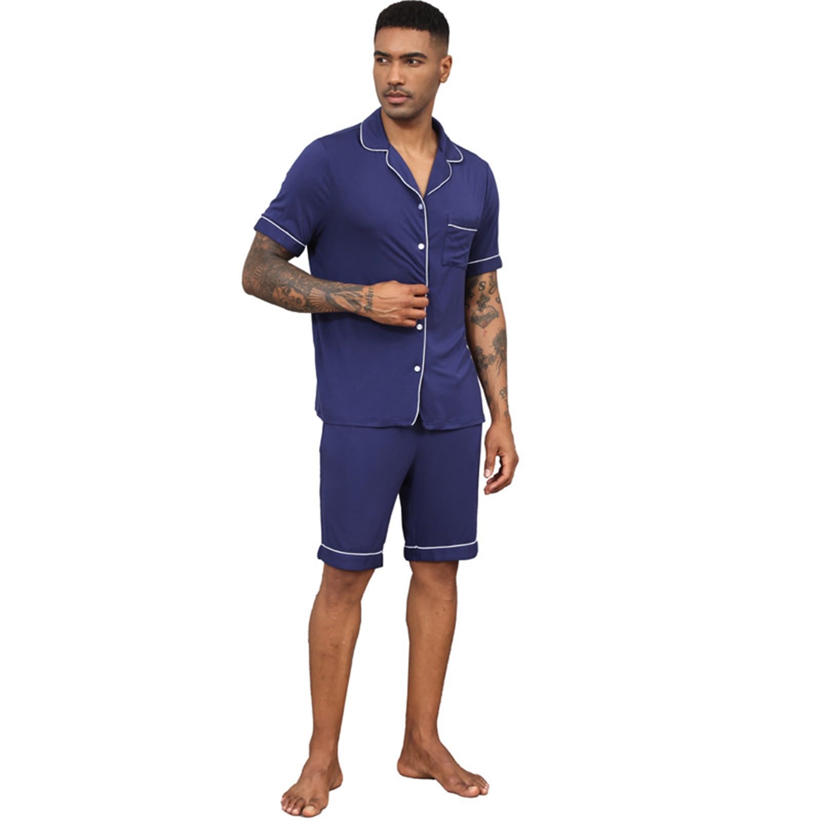 Pigiama Uomo Cotone Manica Corto, Pigiama Uomo Cotone Leggero Due Pezzi Set Da Notte Tops a Manica Corta E Pantaloncini a Quadretti Da Casa Pigiami Da Uomo Estivi Completi Estivi Set Semplici E Comodi