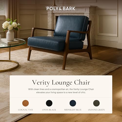 Image of Poly & BARK Verity Leather Accent Chair - Armchair with Walnut Wood Frame - Fashion-Forward Lounge Seating for Living Room - Upholstered in Midnight Blue Leather for Modern Style