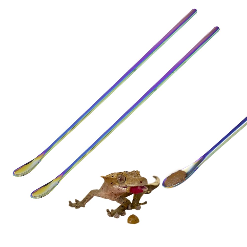 2Pcs 10.3" Reptile Food Feeding Spoon 304 Stainless Steel, for Crested Gecko Gargoyle Bearded Dragon, Feeder Powder Fruit Mixing Stirring - Colorful