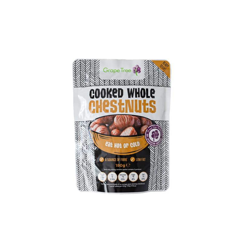 Grape Tree Cooked Whole Chestnuts (180g). Whole Cooked Chestnuts. Naturally Sweet Nutty Flavour Source of Fibre Low Fat and Vegan. Ideal for Snacking Cooking and Baking
