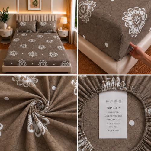 Image of Castiqa Elastic Fitted Supersoft Premium Polycotton 200TC King Size Bedsheets with 2 Pillow Covers | No Slip Bedsheet | (Brown Sn Floral, King (72x78 Upto 10 inch Mattress))