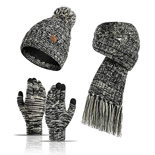Lot de 3 bonnets, écharpes, gants d'hiver chauds pour homme et femme - En polaire - Pour écran tactile, noir, universel Cover