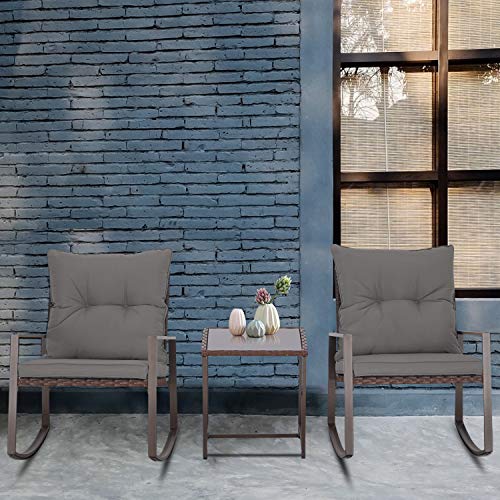 Betterland Patio Bistro Set 3-Piece Outdoor Rocking Chair Set Patio Furniture Set Brown Wicker with Two Chairs and Tempered Glass Coffee Table (Grey Cushion)