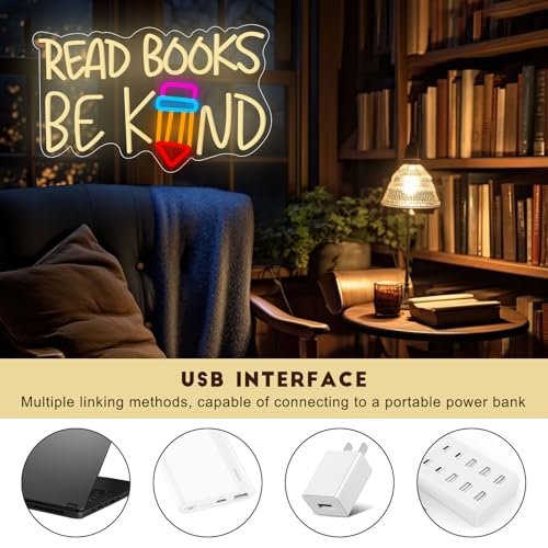 Image of Read Books Be Kind Neon Sign Dimmable Read Books LED Neon Lights for Book Lovers Gifts Bookstore Reading Room Library Study Room Decoration