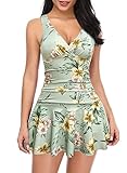 SHEKINI Women's One Piece Skirted Swimsuit Back Crisscross Ruched Swimdress (Flower - Green, Small)