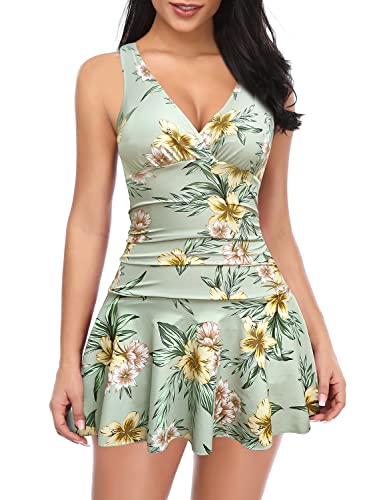 Shekini Women's One Piece Skirted Swimsuit Back Crisscross Ruched Swimdress (Flower - Green, Small) #TOP8