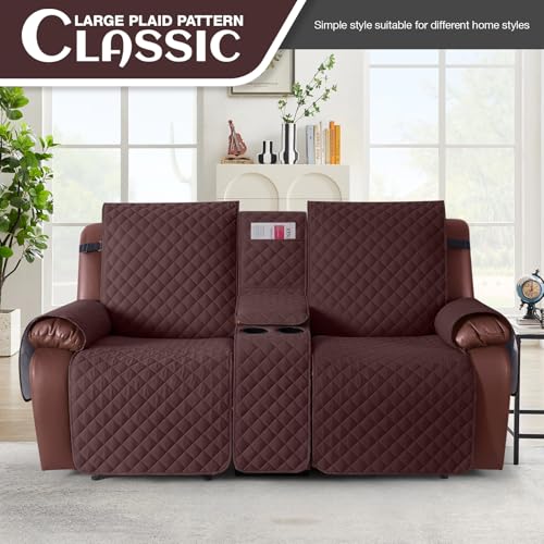 Image of KinCam 100% Waterproof Recliner Loveseat Cover with Console, Non-Slip Reclining Couch Covers for 2 Seat, Recliner Sofa Cover Furniture Protector with Elastic Straps for Kids, Pets, Coffee