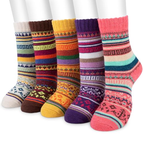 Women Winter Socks SMALUCK 5 Pairs Thermal Wool Warm Knitting Ladies Socks Vintage Style Cotton Thick Bed Sock Multicoloured for Home Office School 4/8 UK