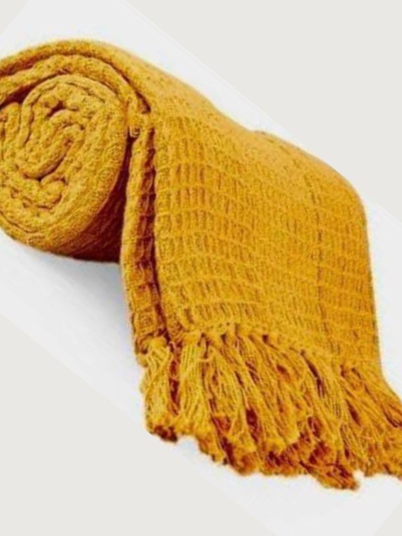 ROSSLYN Soft Cotton Throw Blanket | Used Both Indoor and Outdoor | Blanket for Living Room, Sofa, Bed & Chair | 130x170 cm (Yellow)
