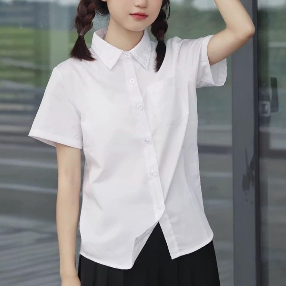 Kids White Short Sleeve Button Down Shirt, Uniform Cotton Blouse with Pocket for Boys Girls
