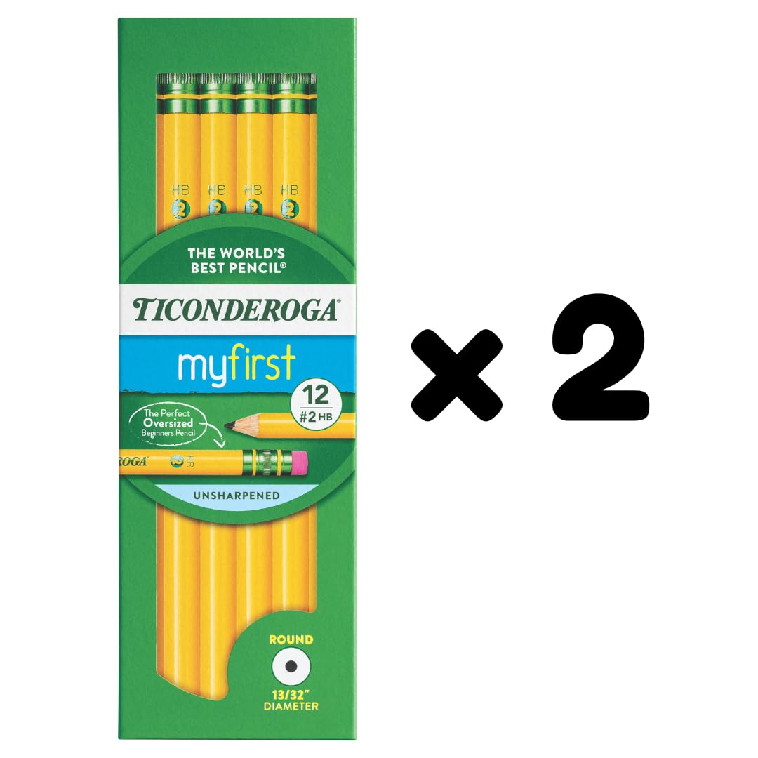 Ticonderoga Paquete de 2 lápices de primaria para principiantes, con borrador, 2 minas, barril amarillo, paquete de 12