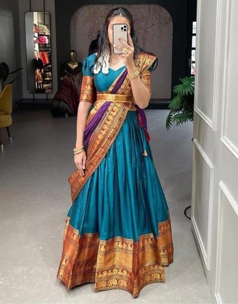 Image of RENVAANI Women's Traditional Kanjivaram Kanchipuram Silk Unstitched Lehenga Choli with Dupatta (Firozi Maroon Dup Purple)