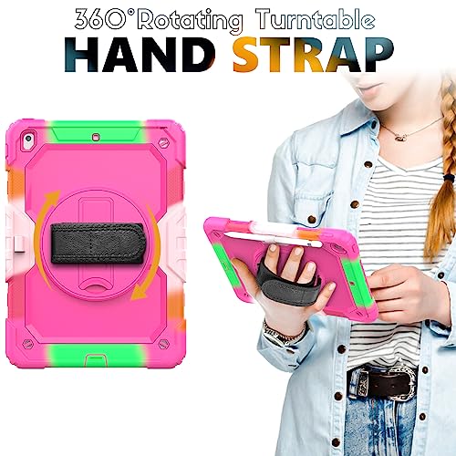 SIBEITU Case Compatible with iPad 9th/8th/7th Generation with Screen Protector Pen Holder, iPad Case 10.2 Inch, Heavy Duty Rugged Protection Cover W/Stand Hand Shoulder Strap for iPad A2602 A2197