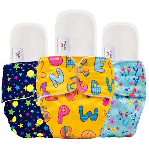 Image of Mylo Essentials Cloth Diaper for Babies 0 to 3 years | Oeko-Tex Certified | 5kg-17kg | Reusable with Adjustable Snap Button | Pack includes 3 Diaper & 3 Wet-Free Inserts-(ABC, Twinkle, Floral)