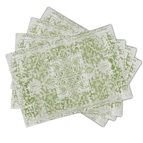 Image of Gray Lime Green Boho Placemats Set of 4 Ethnic Bohemian Carpet Place Mats Washable Kitchen Dining Vintage Grey Geography Floral Linen Table Mats Stain Heat-Resistant for Home Party Indoor 12x18 in