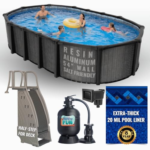 18'x39' Rust Proof Oval Above Ground Pool Package, 54" Salt Friendly Aluminum Wall & Resin Top Rails & Uprights. Includes Pool, Liner, Steps & More