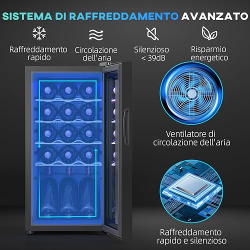 HOMCOM Cantinetta Vino Refrigerata 15 Bottiglie 44L Cantina Vino Monotemperatura 5-18℃ Cantina Vino Bar con Vetro Anti UV, Compressore, Ripiani Regolabile, Display Touch, Luci LED, Classe G, Nero - immagine 4