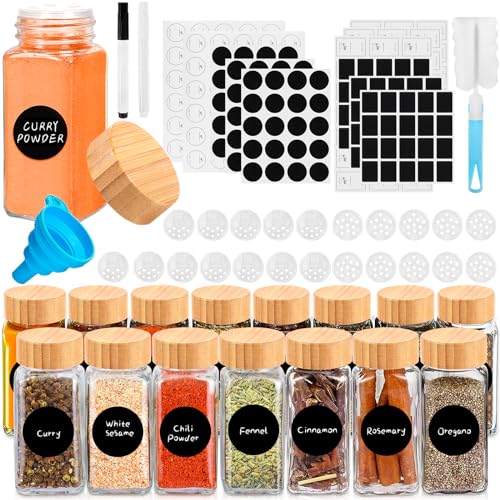 AOUVT Tarros de Especias de Vidrio y Madera - 15 Unidades, 120ml con Tapa de Bambú, Cuadrado, con Colador, Etiqueta, Cepillo y Embudo