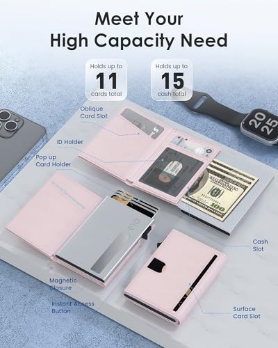 RFID Wallet Women - Small Slim Trifold Wallet Anti-Theft Pop up Card Holder, Minimalist, Ultra Thin, Front Pocket, Premium Leather, 9-11 Cards Capacity | ID Window | Cash Slot2