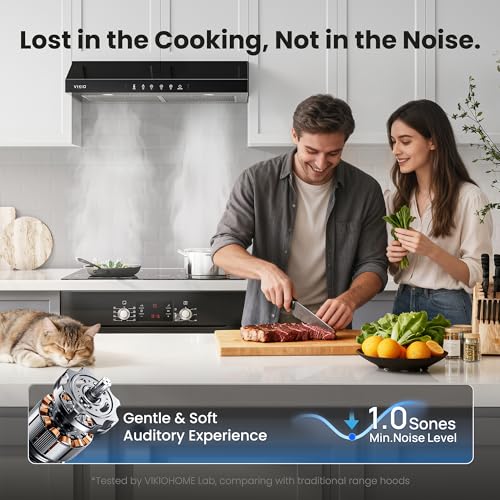 Image of VIKIO HOME Under Cabinet Range Hood 30 Inch, 900 CFM Dual Centrifugal Motor, 3-Speed Ducted Kitchen Vent, Reusable Filters, Stainless Steel Kitchen Hood with LED Lights, Low Noise, Glass Black