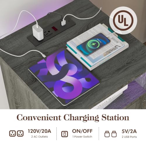 Image of Softa Nightstand Set of 2 with Charging Station & LED Lights, Rustic Bedside Table with Storage Cabinet and Shelf, Farmhouse Wooden End Table, Dark Gray