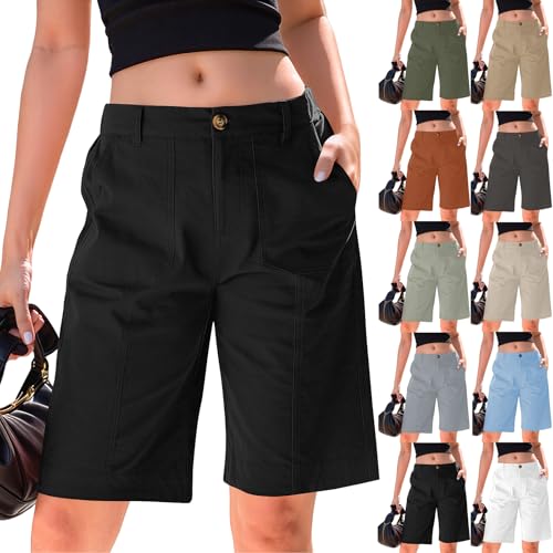 Bermuda Shorts for Women Knee Length Summer Casual High Waisted Knee Length Long Shorts with Pockets Elastic Wasit Cotton Baggy Jorts Dressy Wide Leg Chino Short Trendy Pull On Stretchy Hiking Short