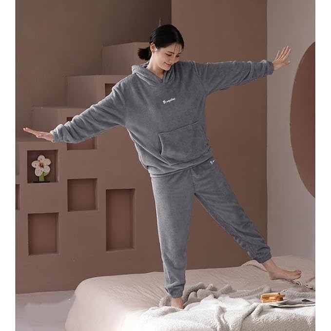 Image of SHAPERX Pajamas Set for Women With Hoodies Soft Comfy Fleece Pjs Pullover Pants Loose Plush Sleepwear Fuzzy Hoodies Loungewear for Winter Pack of 1