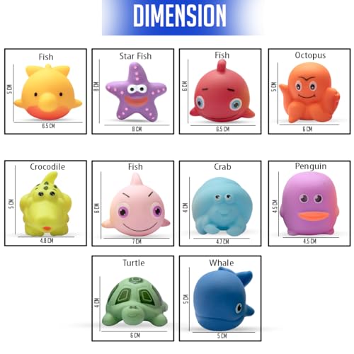 Image of Amazon Brand - Jam & Honey Baby Bath Toy Set of 10 for Toddlers I Colorful Combo of Sea Creatures I Floating Bath Chuchu Toys (Multicolor)